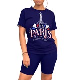 Summer Printed Women Casual Short Sleeve Shorts 2 Piece Outfits