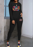 Womens Long Sleeve Tracksuit Crewneck Tops And Long Pants Printed Leisure 2 Piece Outfits