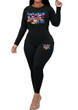 Womens Long Sleeve Tracksuit Crewneck Tops And Long Pants Printed Leisure 2 Piece Outfits