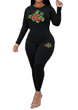 Womens Long Sleeve Tracksuit Crewneck Tops And Long Pants Printed Leisure 2 Piece Outfits