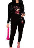Womens Long Sleeve Tracksuit Crewneck Tops And Long Pants Printed Leisure 2 Piece Outfits