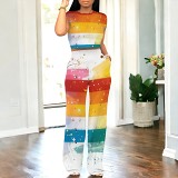 Crop top straight pants casual printed women 2 piece leisure set