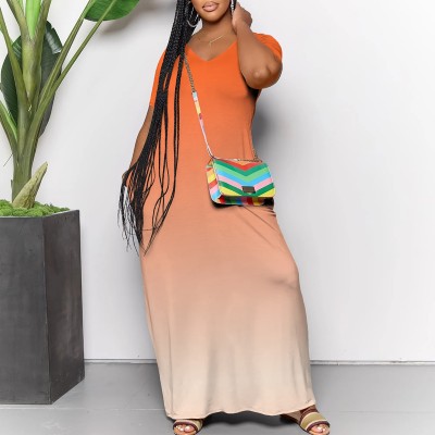 Plus size gradient color summer short sleeve long casual loose women dress