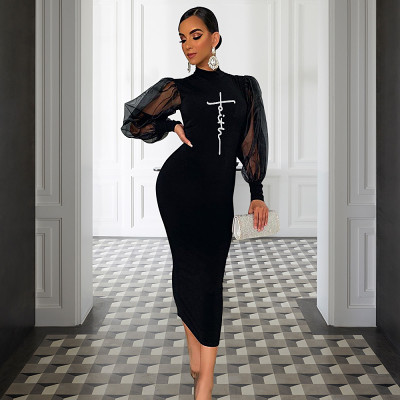 Semi-turtleneck gauze perspective black lantern sleeve slim dress