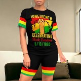Fashion women summer short sleeve casual printied two piece shorts set