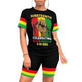 Fashion women summer short sleeve casual printied two piece shorts set