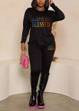 Womens Long Sleeve Tracksuit Crewneck Tops And Long Pants Printed Leisure 2 Piece Outfits