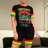 Fashion women summer short sleeve casual printied two piece shorts set