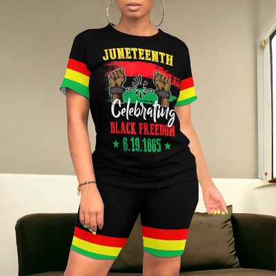 Fashion women summer short sleeve casual printied two piece shorts set