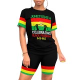 Fashion women summer short sleeve casual printied two piece shorts set