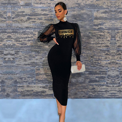 Semi-turtleneck gauze perspective black lantern sleeve slim dress