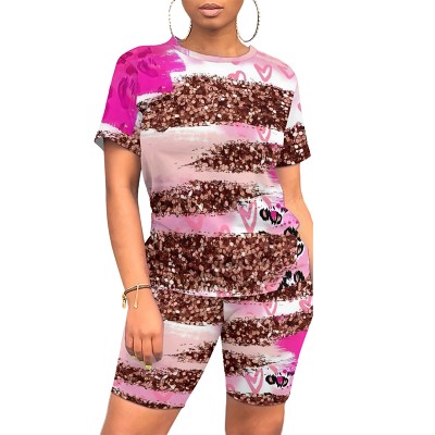 Leopard short sleeve printed casual summer women 2 piece shorts set