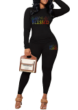 Womens Long Sleeve Tracksuit Crewneck Tops And Long Pants Printed Leisure 2 Piece Outfits