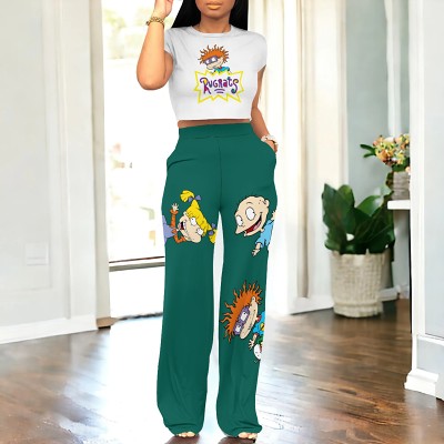Fashion women's casual cartoon printing straight pants two piece set
