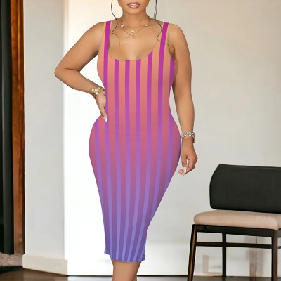 Summer sleeveless casual striped gradient color women midi dress