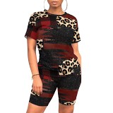 Leopard short sleeve printed casual summer women 2 piece shorts set