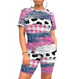 Leopard short sleeve printed casual summer women 2 piece shorts set
