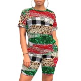 Leopard short sleeve printed casual summer women 2 piece shorts set
