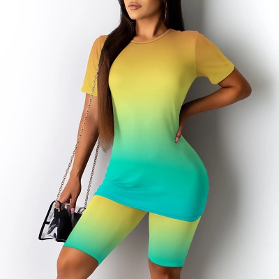 Gradient color short sleeve women shorts set two piece outfits