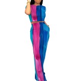 Crop top straight pants casual printed women 2 piece leisure set