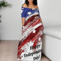 Fashion Independence Day flag printing casual off shoulder women's dress