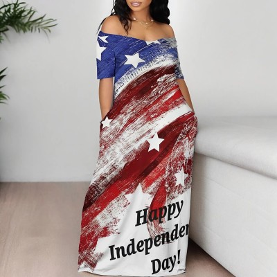 Fashion Independence Day flag printing casual off shoulder women's dress