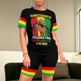 Fashion women summer short sleeve casual printied two piece shorts set