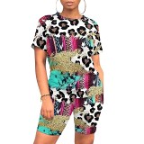 Leopard short sleeve printed casual summer women 2 piece shorts set