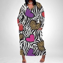 Leopard V neck long sleeve casual loose women maxi long dress