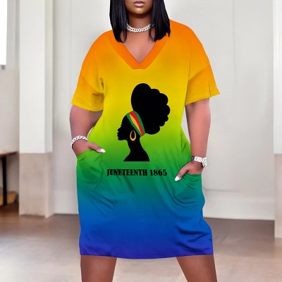 Casual V neck short sleeve leisure pocket pattern women summer dress