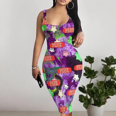 Casual printed sleeveless bodycon summer women tank dress