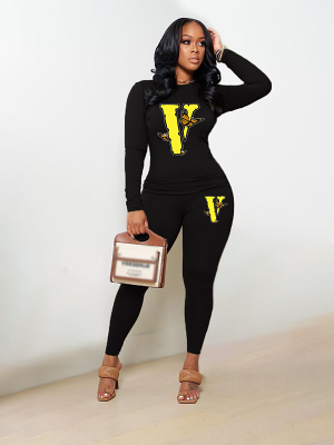 Womens Long Sleeve Tracksuit Crewneck Tops And Long Pants Printed Leisure 2 Piece Outfits