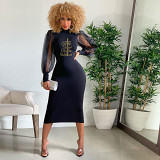 Printed Mesh Lantern Sleeve Women Elegant Long Midi Dress