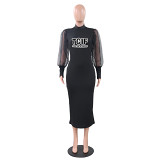 Printed Mesh Lantern Sleeve Women Elegant Long Midi Dress