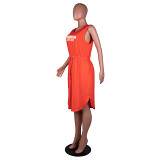 Plus size sleeveless v neck printed women summer knee length dress