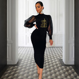 Printed Mesh Lantern Sleeve Women Elegant Long Midi Dress