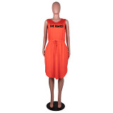 Plus size sleeveless v neck printed women summer knee length dress