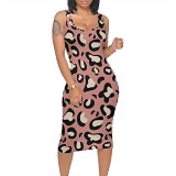 Fashion printed square neck sleeveless midi dress