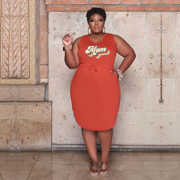 Plus size sleeveless v neck printed women summer knee length dress
