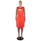 Plus size sleeveless v neck printed women summer knee length dress