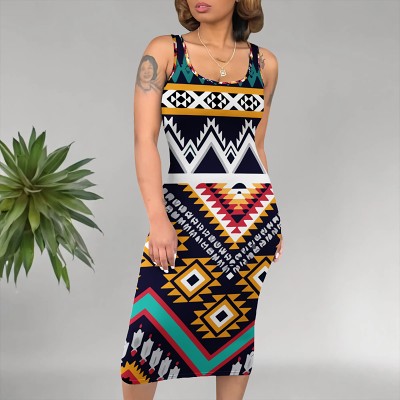 Fashion Geometric printed square neck sleeveless midi dress