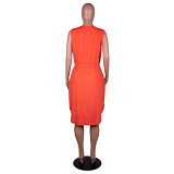 Plus size sleeveless v neck printed women summer knee length dress