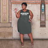 Plus size sleeveless v neck printed women summer knee length dress