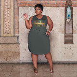 Plus size sleeveless v neck printed women summer knee length dress