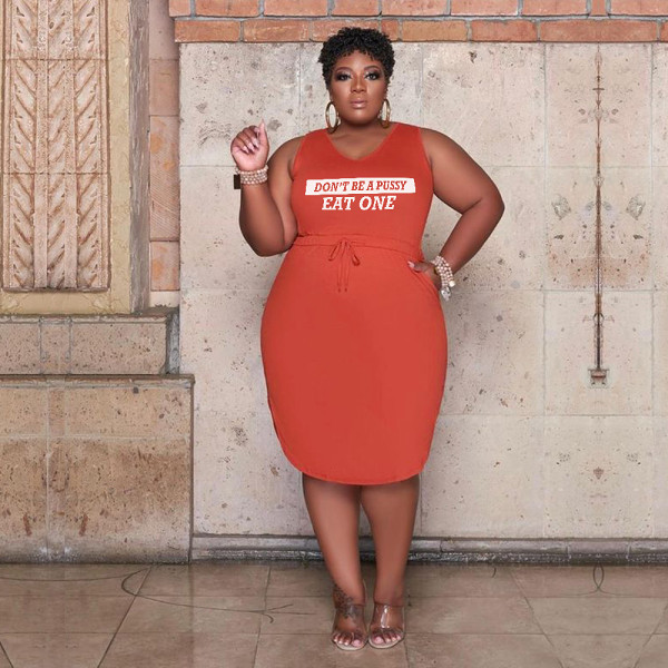 Plus size sleeveless v neck printed women summer knee length dress