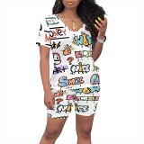 Printed summer casual women short sleeve 2 piece shorts set