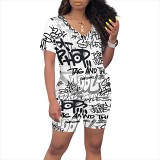 Printed summer casual women short sleeve 2 piece shorts set