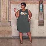 Plus size sleeveless v neck printed women summer knee length dress