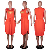 Plus size sleeveless v neck printed women summer knee length dress