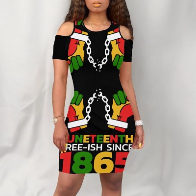 Round neck open shoulder short sleeve pattern printed short dress